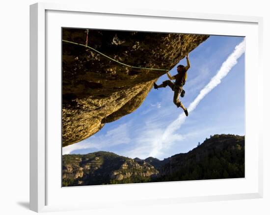 Climber Tackles Difficult Route on Overhang at the Cliffs of Margalef, Catalunya-David Pickford-Framed Photographic Print