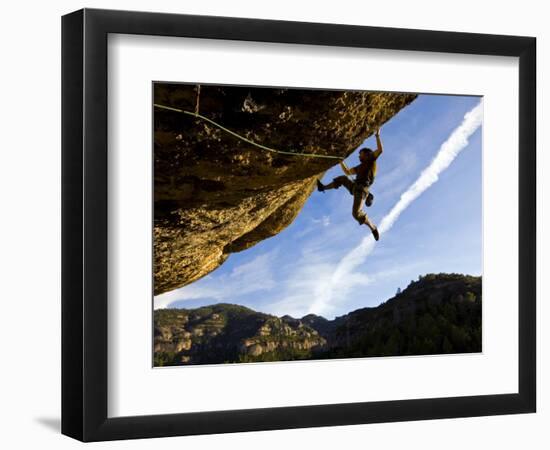 Climber Tackles Difficult Route on Overhang at the Cliffs of Margalef, Catalunya-David Pickford-Framed Photographic Print