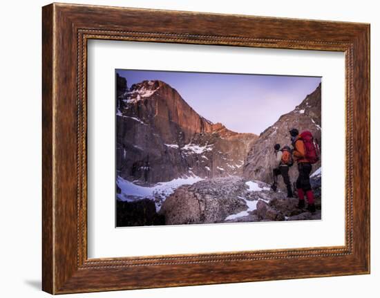 Climbers Look at Rocky Mountain National Park's the Diamond Trail, Long's Peak, Colorado-Dan Holz-Framed Photographic Print