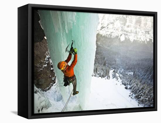 Climbing a Fractured Pillar on Airborne Ranger, a 275' Wi6 in Hyalite Canyon Near Bozeman, Montana.-Ben Herndon-Framed Premier Image Canvas