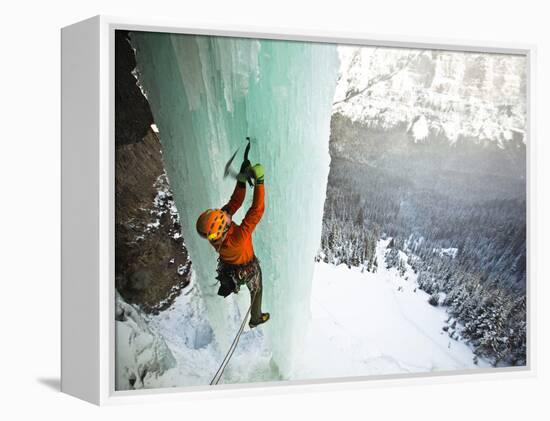 Climbing a Fractured Pillar on Airborne Ranger, a 275' Wi6 in Hyalite Canyon Near Bozeman, Montana.-Ben Herndon-Framed Premier Image Canvas