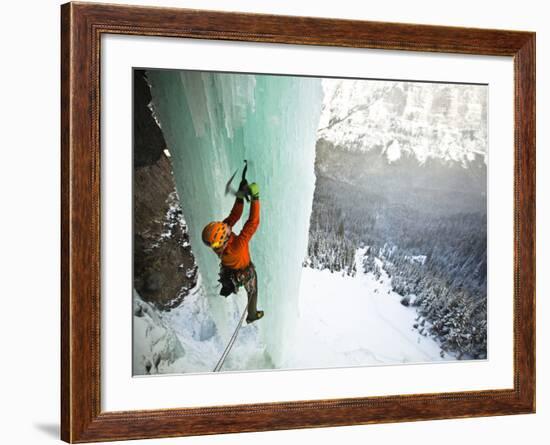 Climbing a Fractured Pillar on Airborne Ranger, a 275' Wi6 in Hyalite Canyon Near Bozeman, Montana.-Ben Herndon-Framed Photographic Print