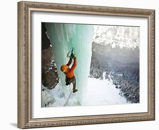 Climbing a Fractured Pillar on Airborne Ranger, a 275' Wi6 in Hyalite Canyon Near Bozeman, Montana.-Ben Herndon-Framed Photographic Print