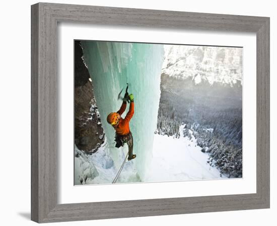 Climbing a Fractured Pillar on Airborne Ranger, a 275' Wi6 in Hyalite Canyon Near Bozeman, Montana.-Ben Herndon-Framed Photographic Print