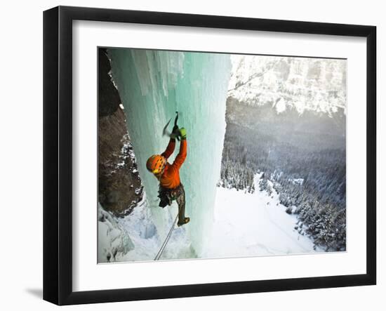 Climbing a Fractured Pillar on Airborne Ranger, a 275' Wi6 in Hyalite Canyon Near Bozeman, Montana.-Ben Herndon-Framed Photographic Print