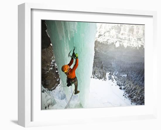 Climbing a Fractured Pillar on Airborne Ranger, a 275' Wi6 in Hyalite Canyon Near Bozeman, Montana.-Ben Herndon-Framed Photographic Print