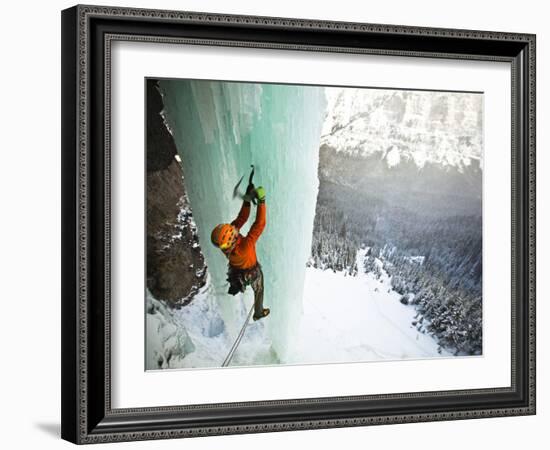 Climbing a Fractured Pillar on Airborne Ranger, a 275' Wi6 in Hyalite Canyon Near Bozeman, Montana.-Ben Herndon-Framed Photographic Print