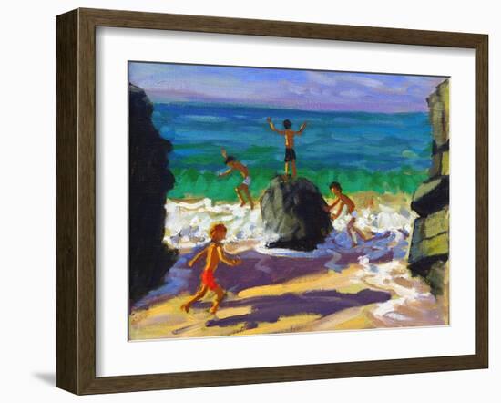 Climbing Rocks, Porthmeor Beach, St Ives, 2013-Andrew Macara-Framed Giclee Print