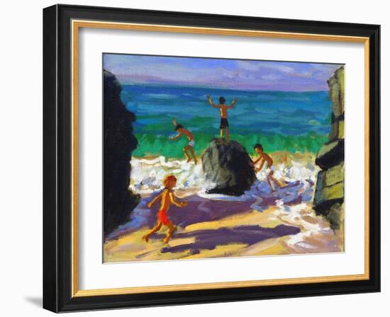 Climbing Rocks, Porthmeor Beach, St Ives, 2013-Andrew Macara-Framed Giclee Print