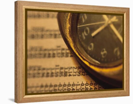 Clock on Newspaper Stock Market Report-null-Framed Premier Image Canvas