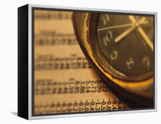 Clock on Newspaper Stock Market Report-null-Framed Premier Image Canvas