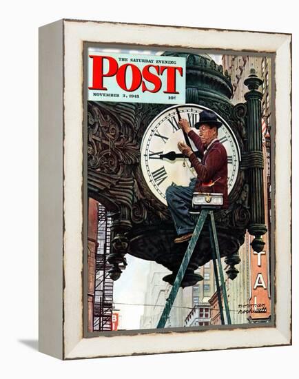 "Clock Repairman" Saturday Evening Post Cover, November 3,1945-Norman Rockwell-Framed Premier Image Canvas