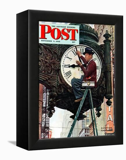 "Clock Repairman" Saturday Evening Post Cover, November 3,1945-Norman Rockwell-Framed Premier Image Canvas