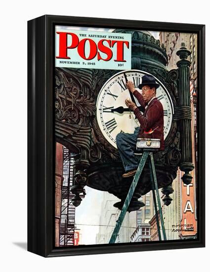 "Clock Repairman" Saturday Evening Post Cover, November 3,1945-Norman Rockwell-Framed Premier Image Canvas