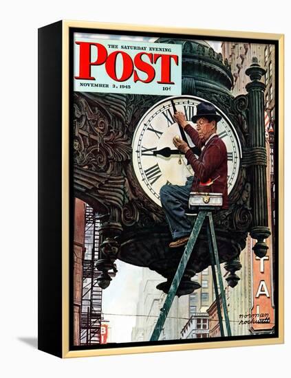 "Clock Repairman" Saturday Evening Post Cover, November 3,1945-Norman Rockwell-Framed Premier Image Canvas