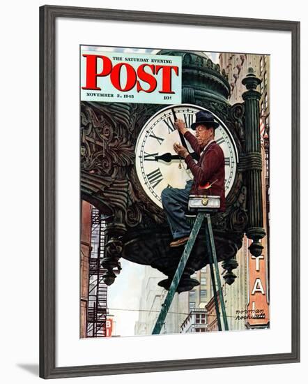 "Clock Repairman" Saturday Evening Post Cover, November 3,1945-Norman Rockwell-Framed Giclee Print