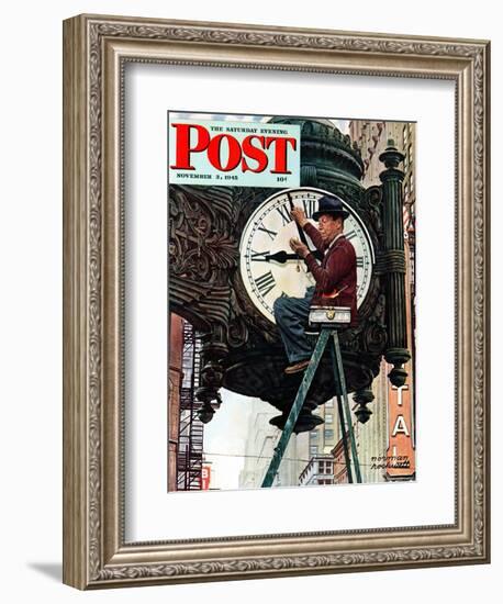 "Clock Repairman" Saturday Evening Post Cover, November 3,1945-Norman Rockwell-Framed Giclee Print