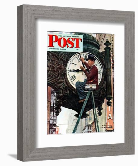 "Clock Repairman" Saturday Evening Post Cover, November 3,1945-Norman Rockwell-Framed Giclee Print