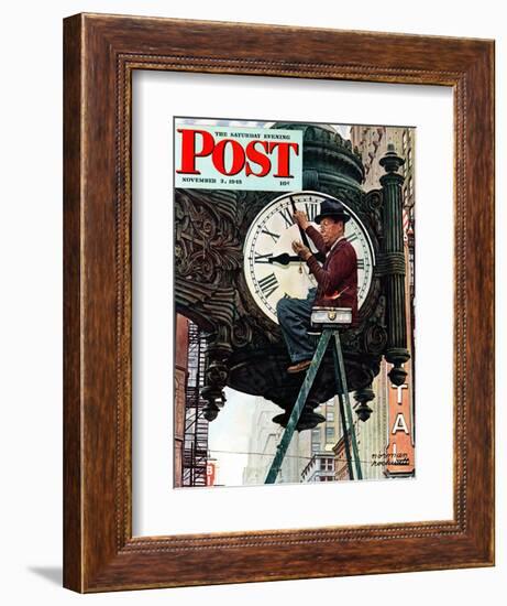 "Clock Repairman" Saturday Evening Post Cover, November 3,1945-Norman Rockwell-Framed Giclee Print