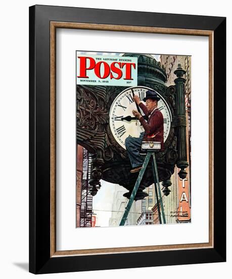 "Clock Repairman" Saturday Evening Post Cover, November 3,1945-Norman Rockwell-Framed Giclee Print