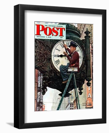 "Clock Repairman" Saturday Evening Post Cover, November 3,1945-Norman Rockwell-Framed Giclee Print