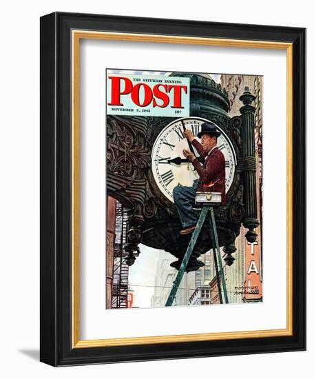 "Clock Repairman" Saturday Evening Post Cover, November 3,1945-Norman Rockwell-Framed Giclee Print