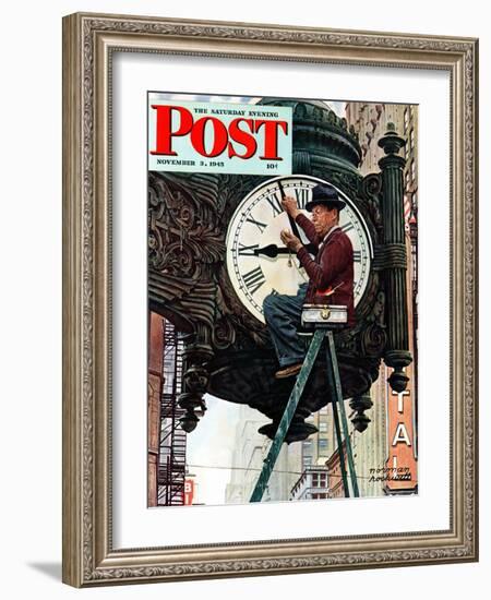 "Clock Repairman" Saturday Evening Post Cover, November 3,1945-Norman Rockwell-Framed Giclee Print