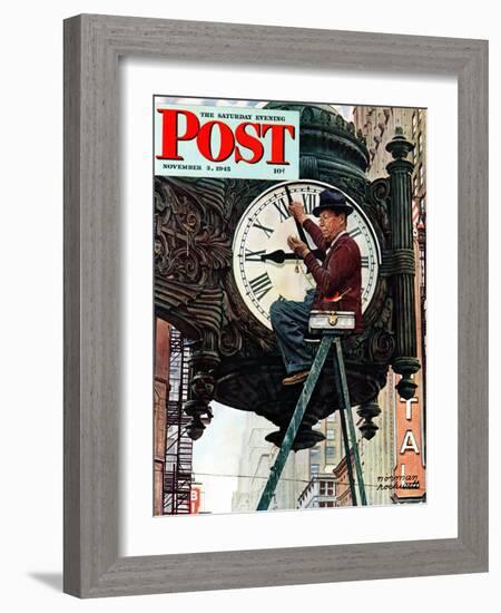 "Clock Repairman" Saturday Evening Post Cover, November 3,1945-Norman Rockwell-Framed Giclee Print