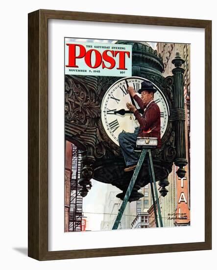 "Clock Repairman" Saturday Evening Post Cover, November 3,1945-Norman Rockwell-Framed Giclee Print