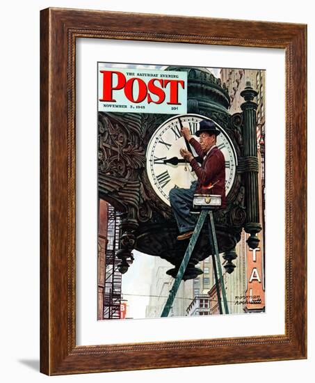 "Clock Repairman" Saturday Evening Post Cover, November 3,1945-Norman Rockwell-Framed Giclee Print