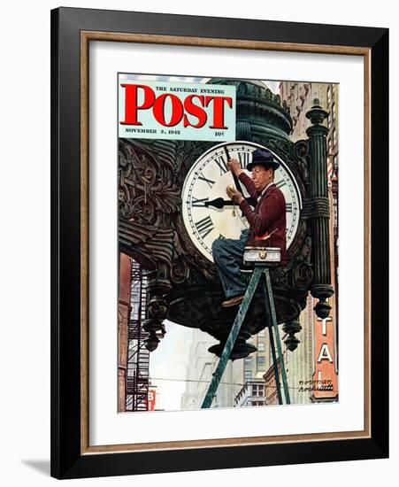 "Clock Repairman" Saturday Evening Post Cover, November 3,1945-Norman Rockwell-Framed Giclee Print