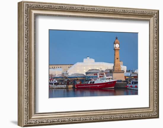 Clock tower in the harbour of Barcelona, Catalonia, Spain-null-Framed Art Print