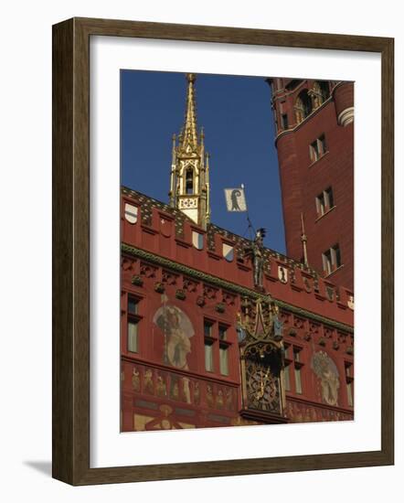 Clock, Wall Paintings and Bell Tower on the Town Hall in Basle, Switzerland, Europe-Charles Bowman-Framed Photographic Print