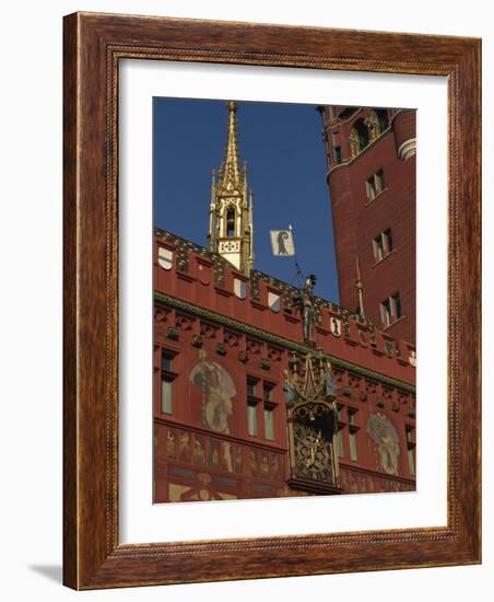 Clock, Wall Paintings and Bell Tower on the Town Hall in Basle, Switzerland, Europe-Charles Bowman-Framed Photographic Print