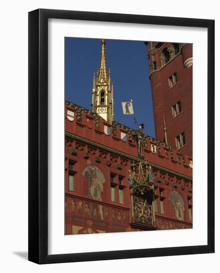 Clock, Wall Paintings and Bell Tower on the Town Hall in Basle, Switzerland, Europe-Charles Bowman-Framed Photographic Print