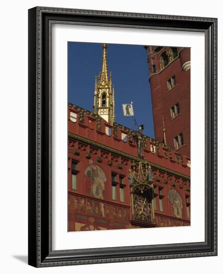 Clock, Wall Paintings and Bell Tower on the Town Hall in Basle, Switzerland, Europe-Charles Bowman-Framed Photographic Print