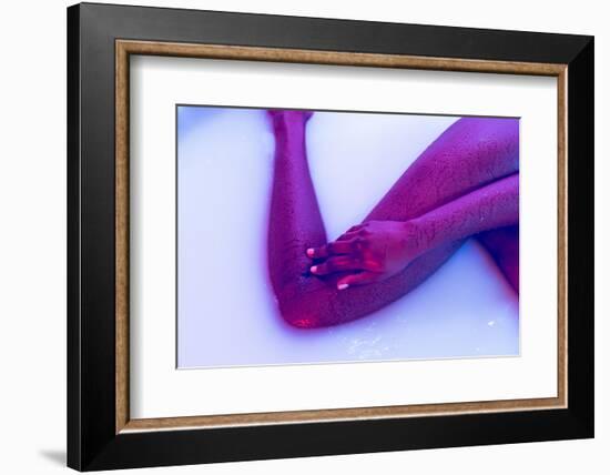 Close up Female Dark Skinned Body, Legs in Lingerie in Milk Bath with Soft White Glow in Neon Light-master1305-Framed Photographic Print