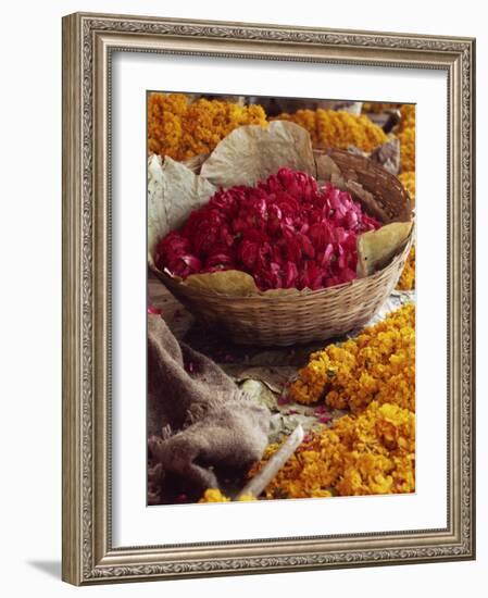 Close-Up of a Basket of Red Flowers, with Yellow Flowers, in the Market, Jaipur, Rajasthan, India-Michelle Garrett-Framed Photographic Print