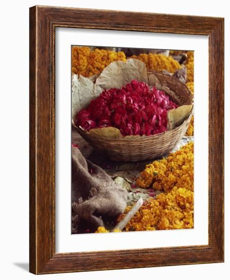 Close-Up of a Basket of Red Flowers, with Yellow Flowers, in the Market, Jaipur, Rajasthan, India-Michelle Garrett-Framed Photographic Print