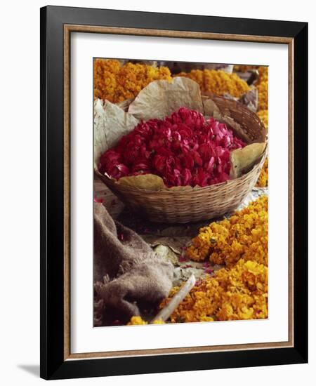 Close-Up of a Basket of Red Flowers, with Yellow Flowers, in the Market, Jaipur, Rajasthan, India-Michelle Garrett-Framed Photographic Print