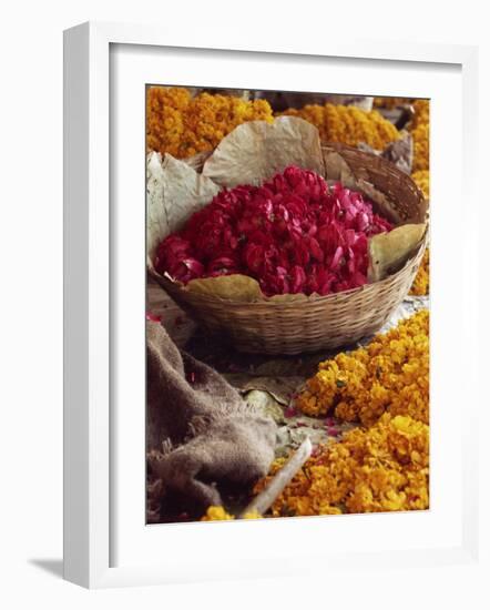 Close-Up of a Basket of Red Flowers, with Yellow Flowers, in the Market, Jaipur, Rajasthan, India-Michelle Garrett-Framed Photographic Print