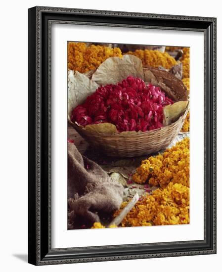 Close-Up of a Basket of Red Flowers, with Yellow Flowers, in the Market, Jaipur, Rajasthan, India-Michelle Garrett-Framed Photographic Print