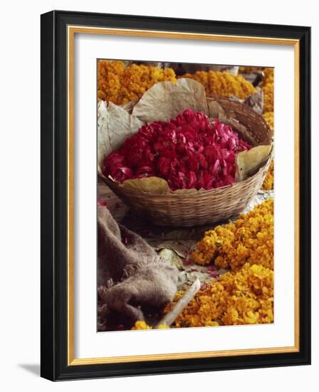 Close-Up of a Basket of Red Flowers, with Yellow Flowers, in the Market, Jaipur, Rajasthan, India-Michelle Garrett-Framed Photographic Print