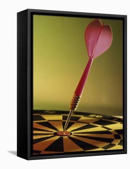 Close-up of a Dart in the Bull's-Eye of a Dartboard-null-Framed Premier Image Canvas