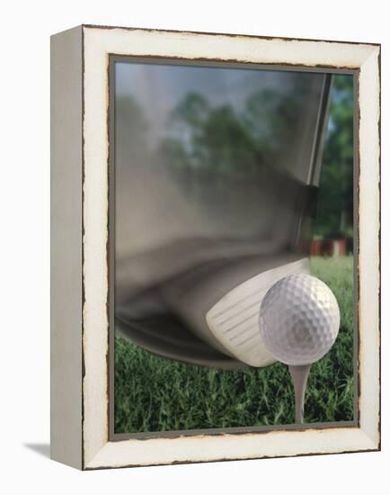 Close-up of a Golf Club Hitting a Golf Ball on a Tee-null-Framed Premier Image Canvas