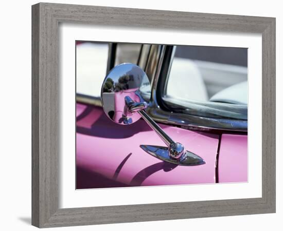 Close-Up of a Wing Mirror and Reflection on a Pink Cadillac Car-Mark Chivers-Framed Photographic Print