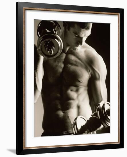 Close-up of a Young Man Working Out with Dumbbells-null-Framed Photographic Print