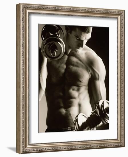 Close-up of a Young Man Working Out with Dumbbells-null-Framed Photographic Print