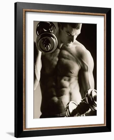 Close-up of a Young Man Working Out with Dumbbells-null-Framed Photographic Print