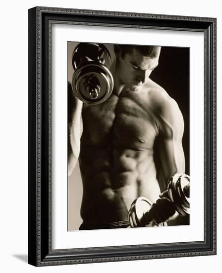 Close-up of a Young Man Working Out with Dumbbells-null-Framed Photographic Print